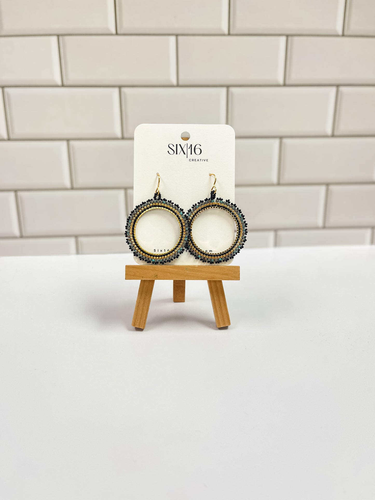 Teal, Black and Gold Beaded Circle Earrings