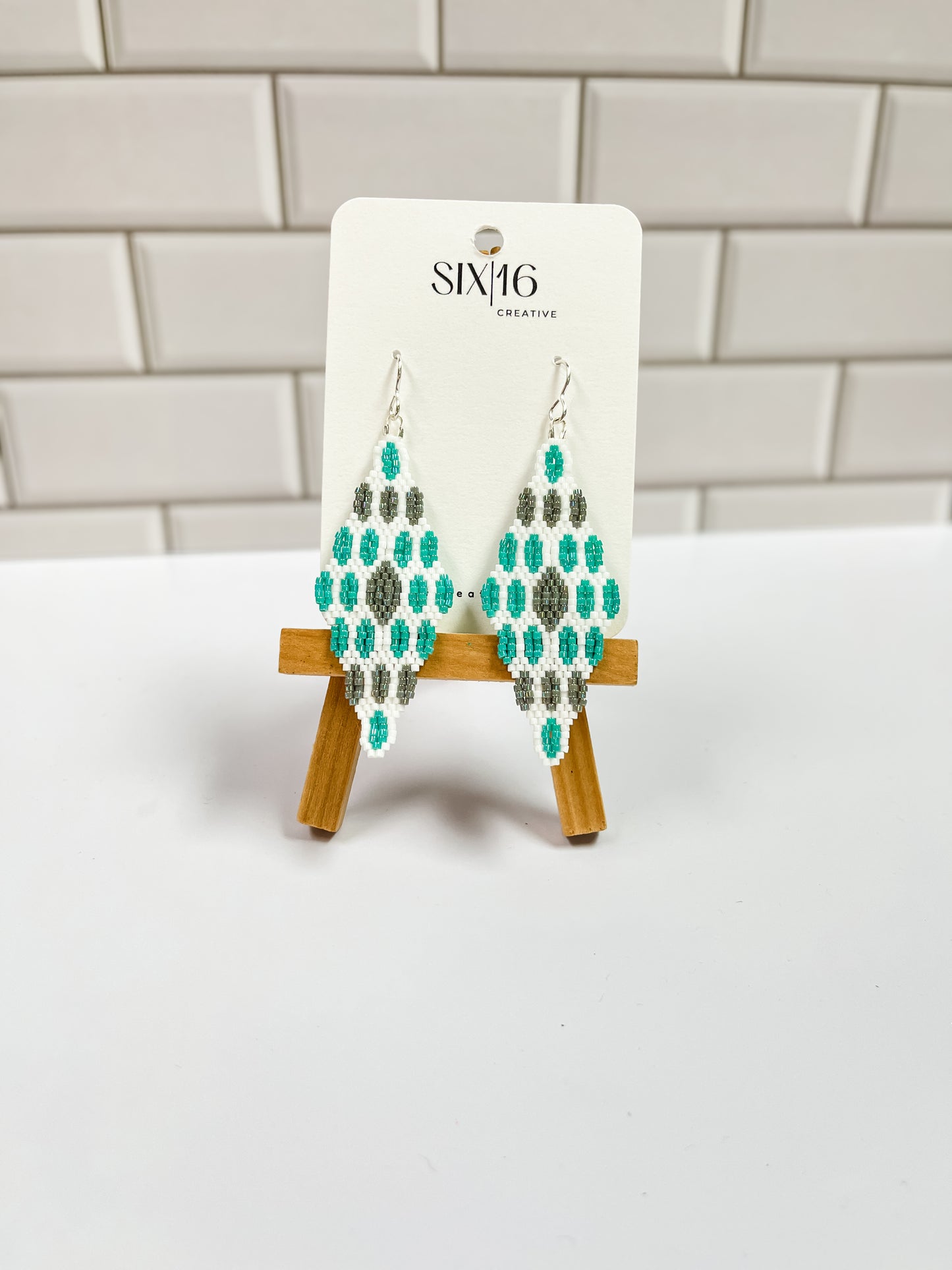 Aqua and Grey Scalloped Diamond Beaded Earrings
