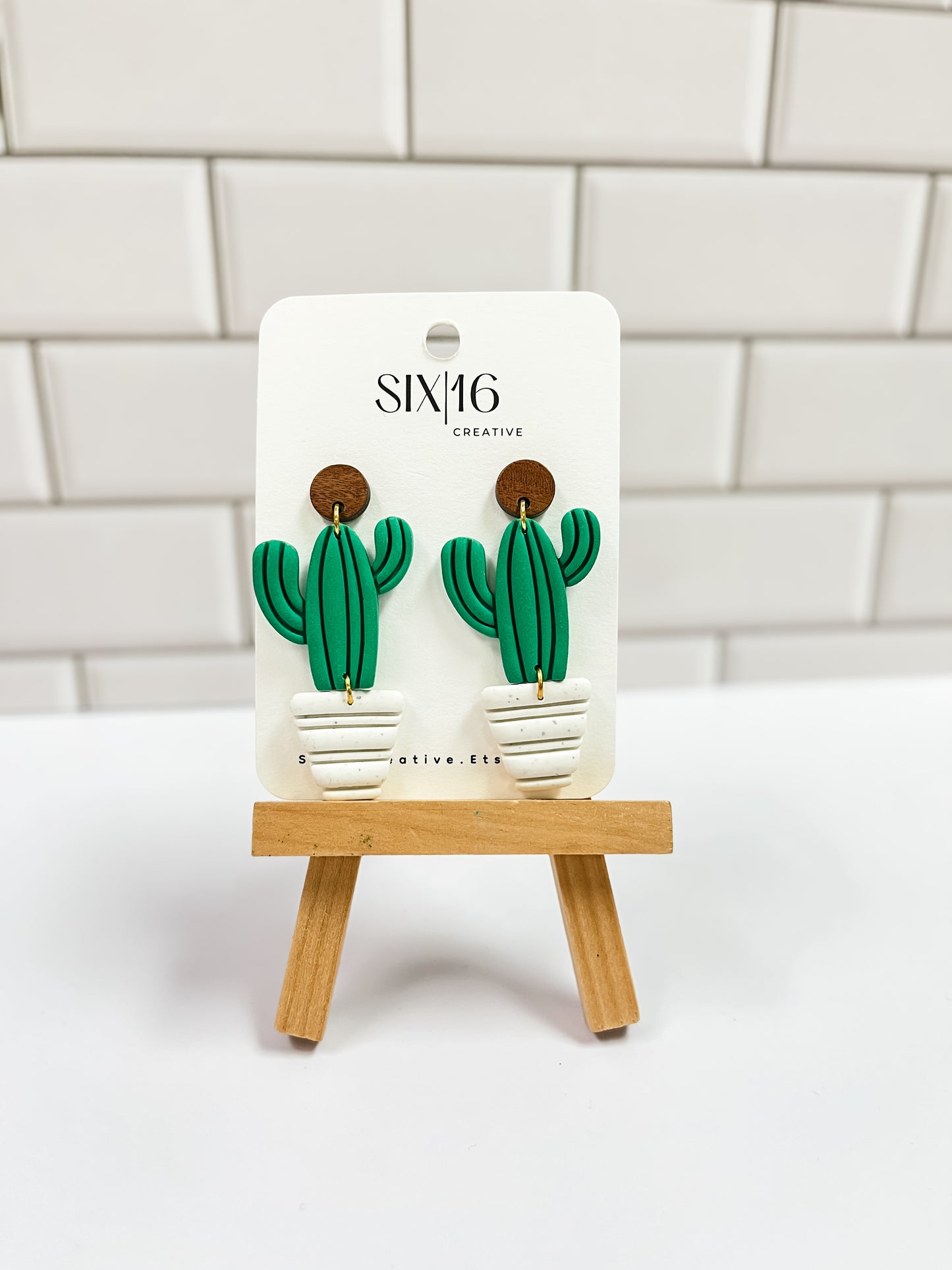 Potted Green Cactus Clay Earrings