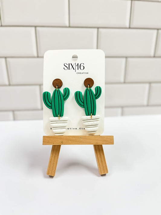 Potted Green Cactus Clay Earrings
