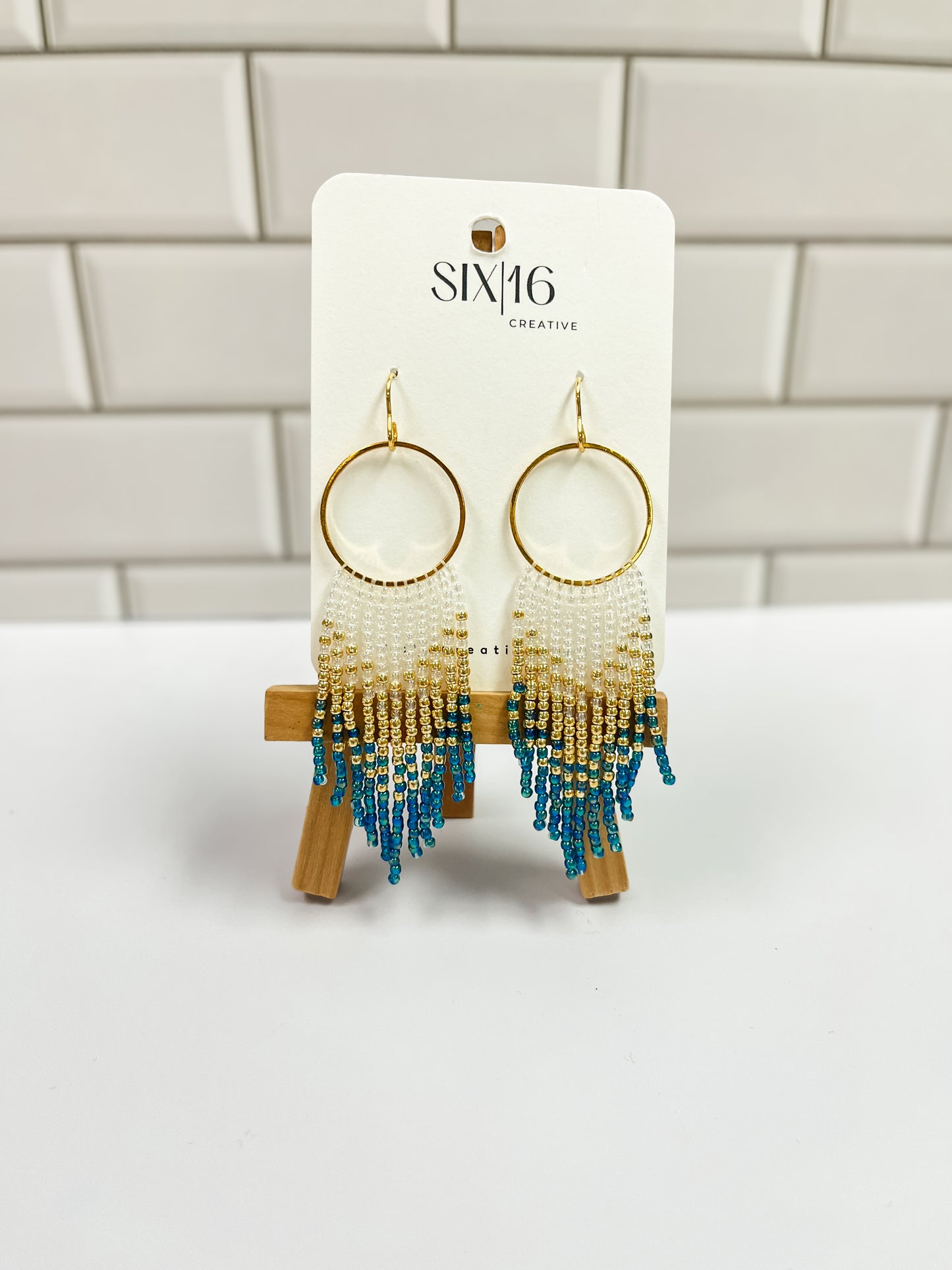 Teal, Gold and Clear Fringe Beaded Earrings