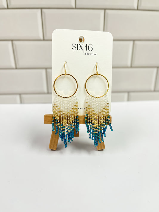 Teal, Gold and Clear Fringe Beaded Earrings