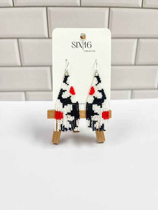 Black Beaded Earrings with White Flowers