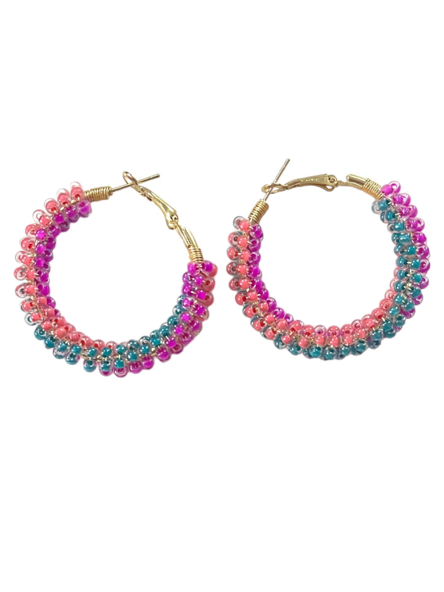 Pink, Orange and Teal Beaded Hoops