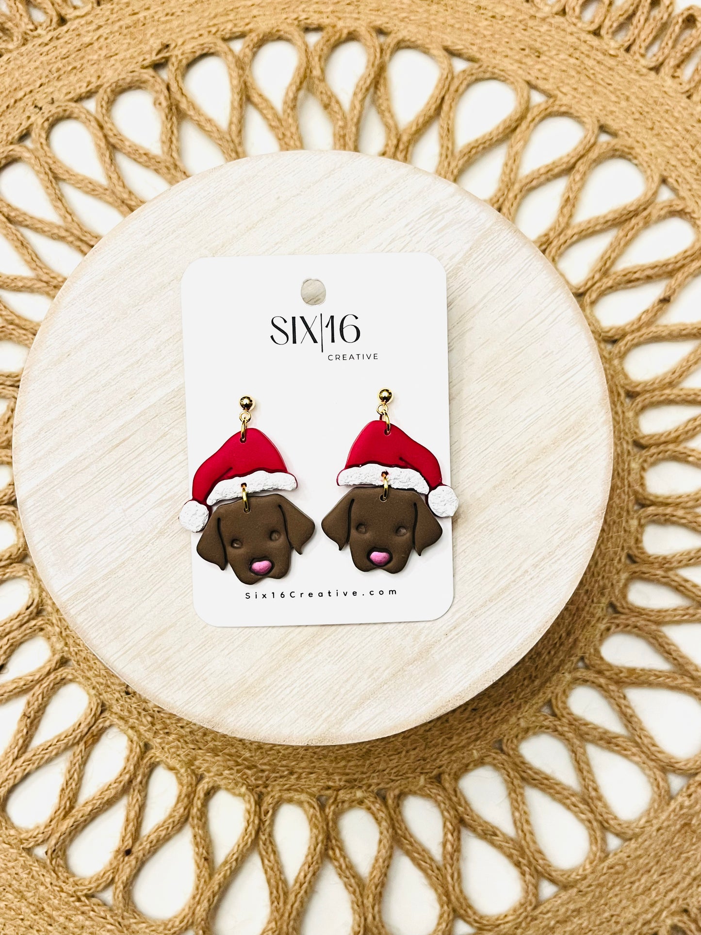 Dark Brown Dog Santa Polymer Clay Earrings