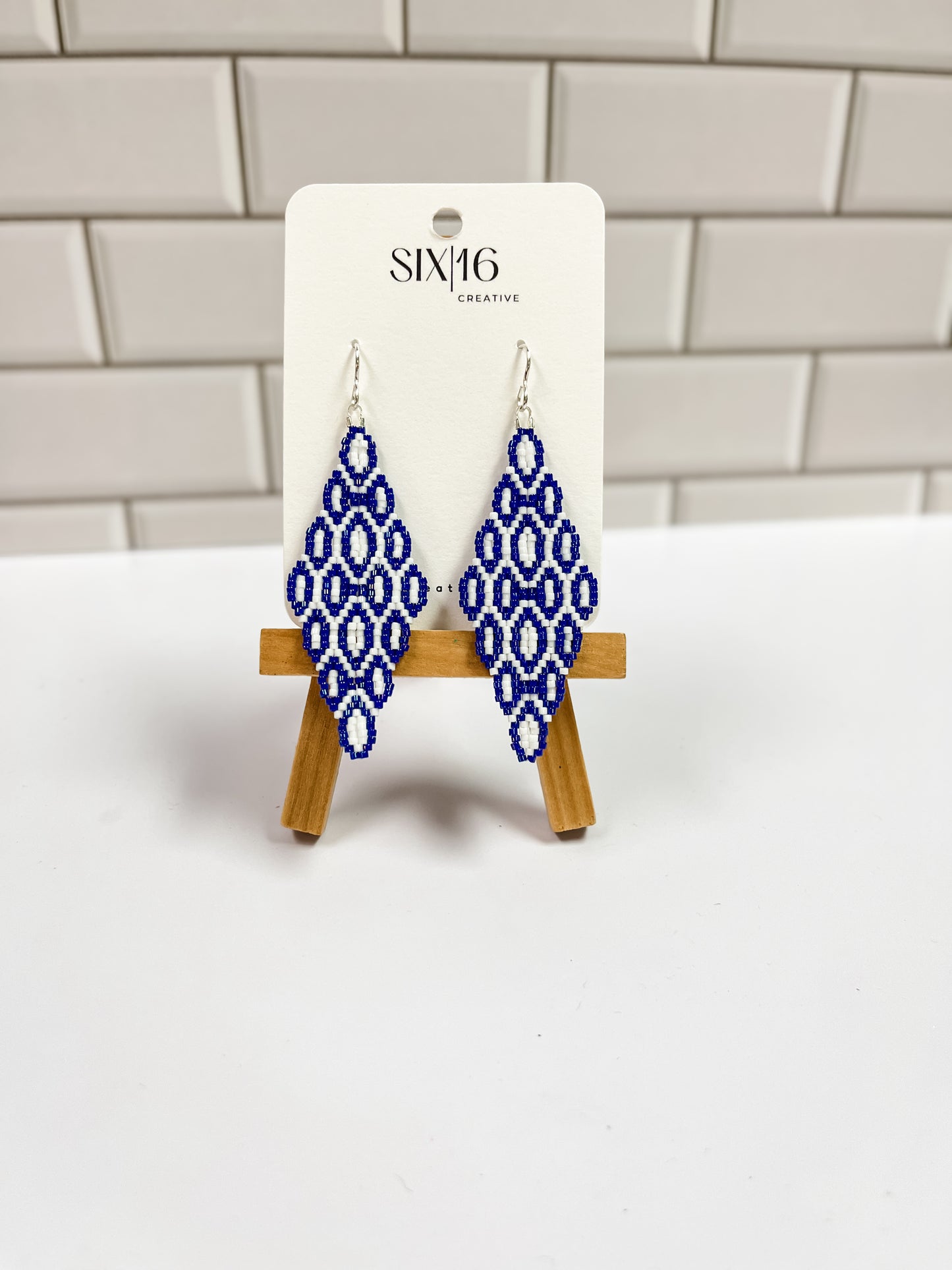 Blue and White Scalloped Diamond Beaded Earrings
