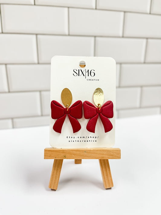 Dark Red Shimmer Bow Polymer Clay Earrings