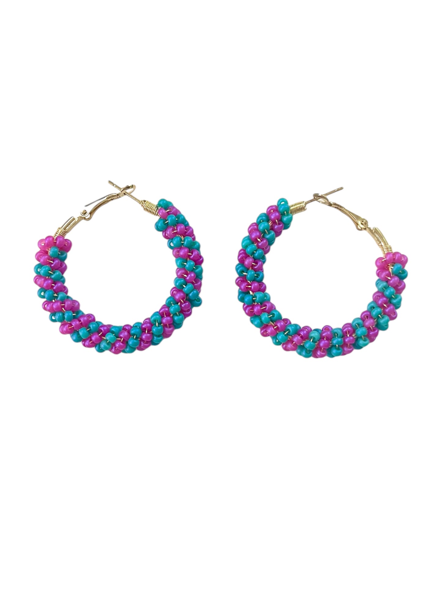 Pink and Teal Beaded Hoop Earrings