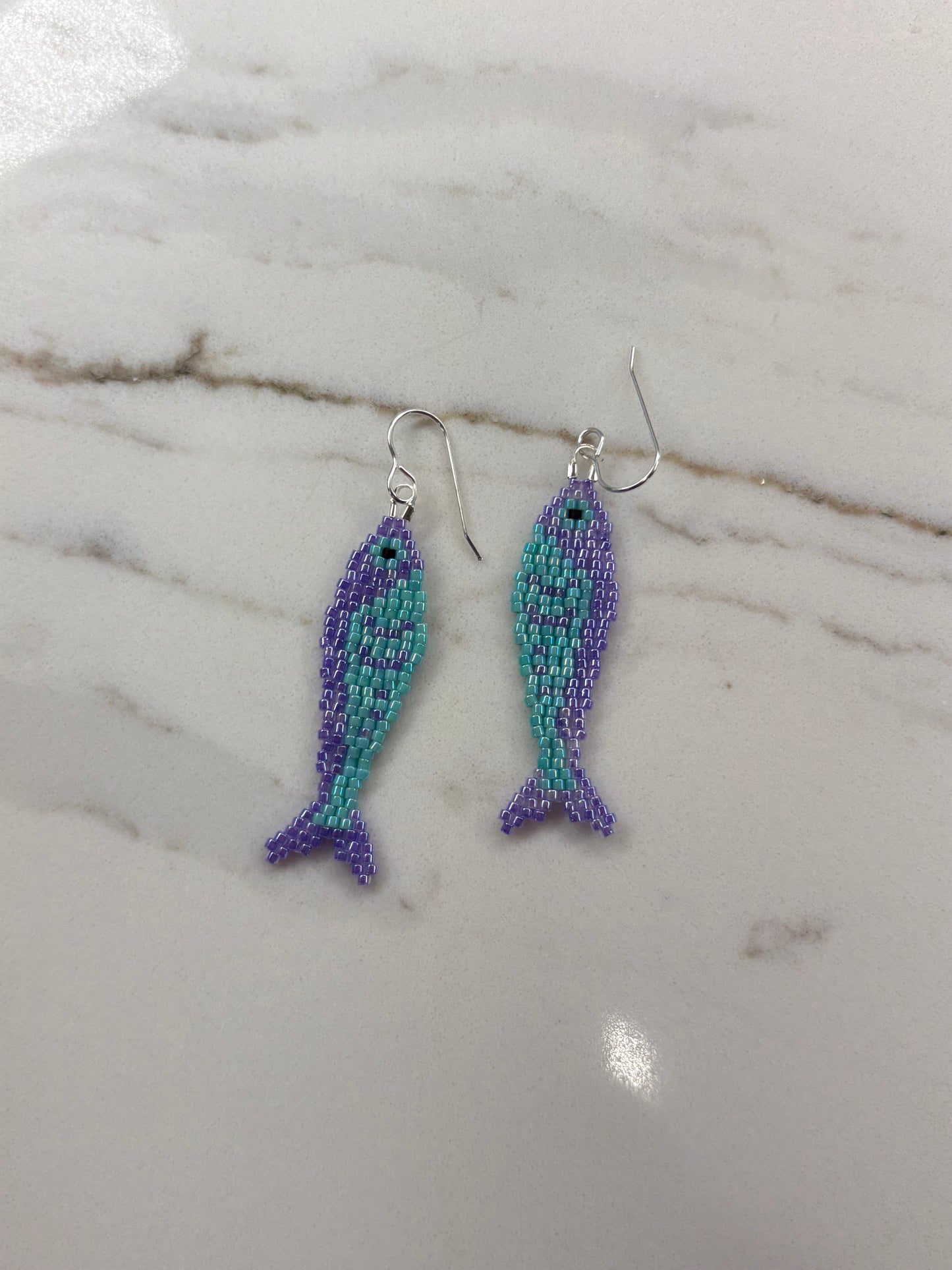 Purple and Green Fish Beaded Earrings