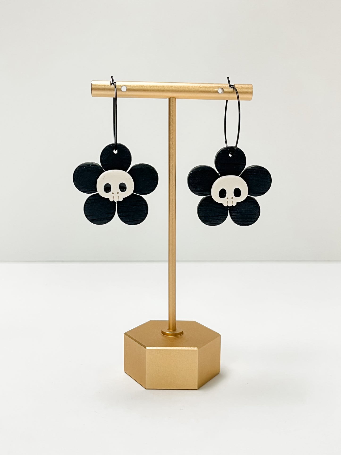 Black flower with Skull Clay Earrings