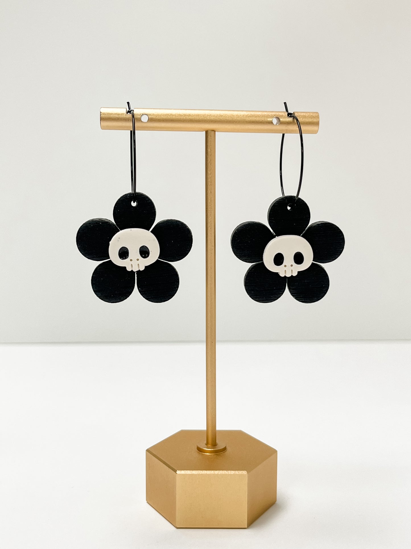 Black flower with Skull Clay Earrings