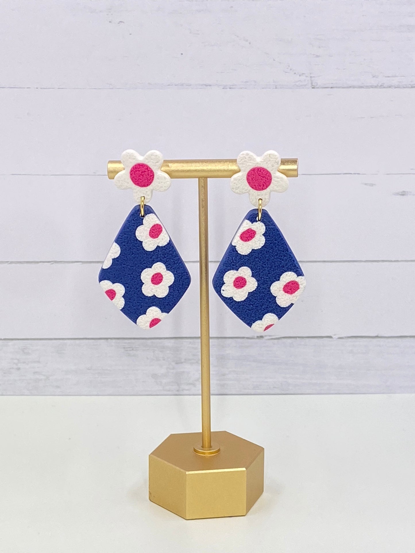 Navy Flower Clay Earrings