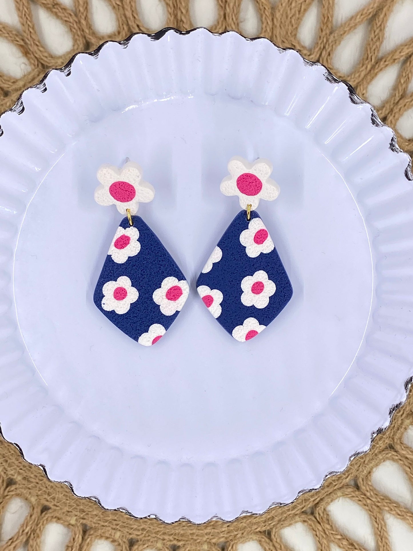 Navy Flower Clay Earrings