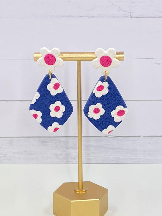 Navy Flower Clay Earrings