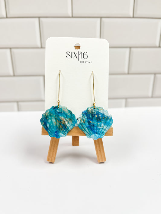 Large Blue and Gold Shell Clay Earrings