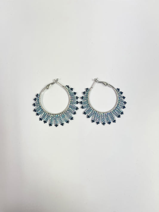 Gray and Black Beaded Hoop Earrings