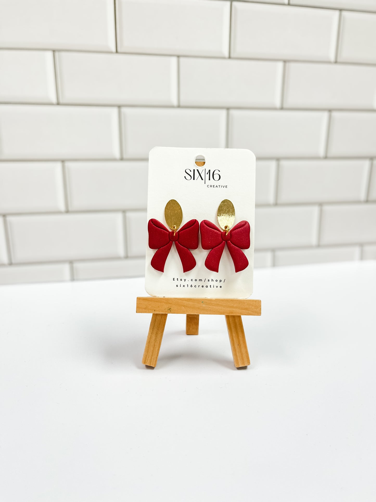 Dark Red Shimmer Bow Polymer Clay Earrings