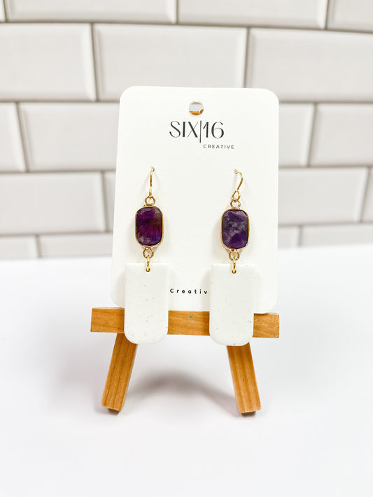 White Polymer Clay Earrings with Purple Charm