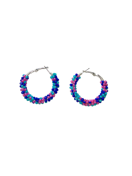 Pink, Teal and Blue Beaded Hoops