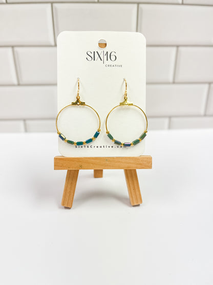Green Rectangle and Gold Beaded Circle Earrings