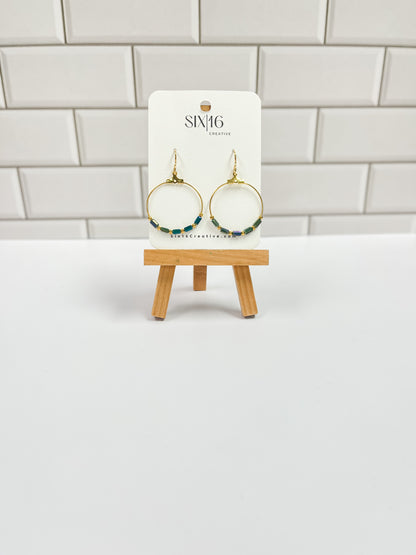 Green Rectangle and Gold Beaded Circle Earrings