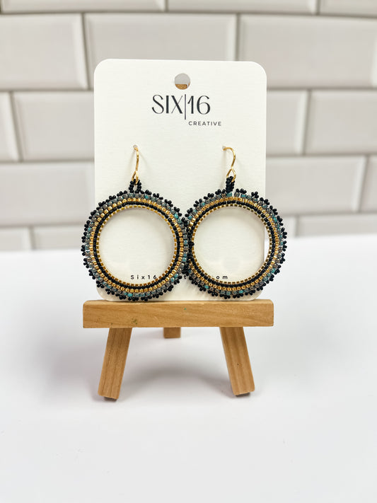 Teal, Black and Gold Beaded Circle Earrings
