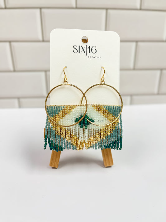 Green and Gold Fringe Beaded Earrings