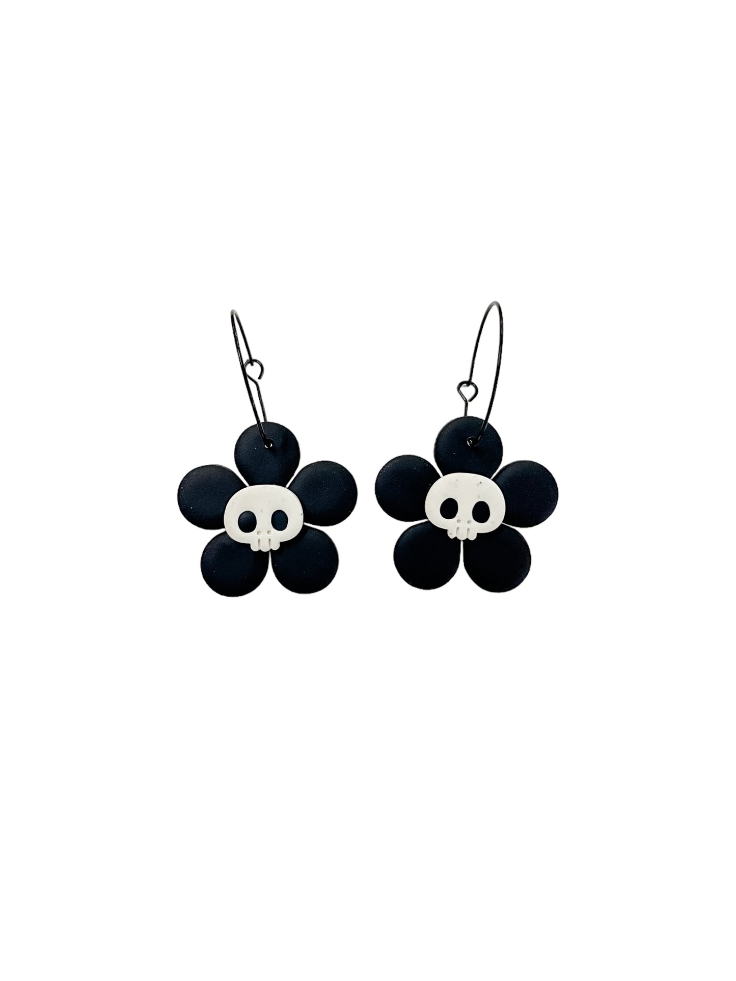 Black flower with Skull Clay Earrings