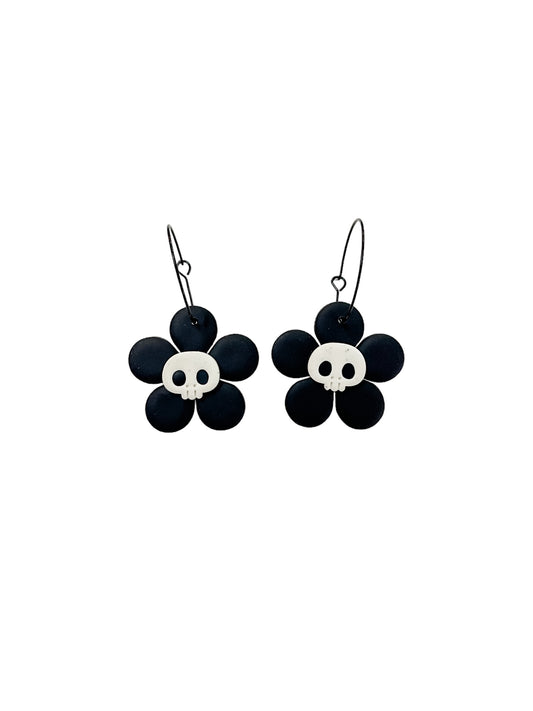 Black flower with Skull Clay Earrings