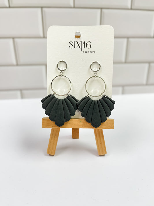 Black Fan Clay Earrings with Silver Accents