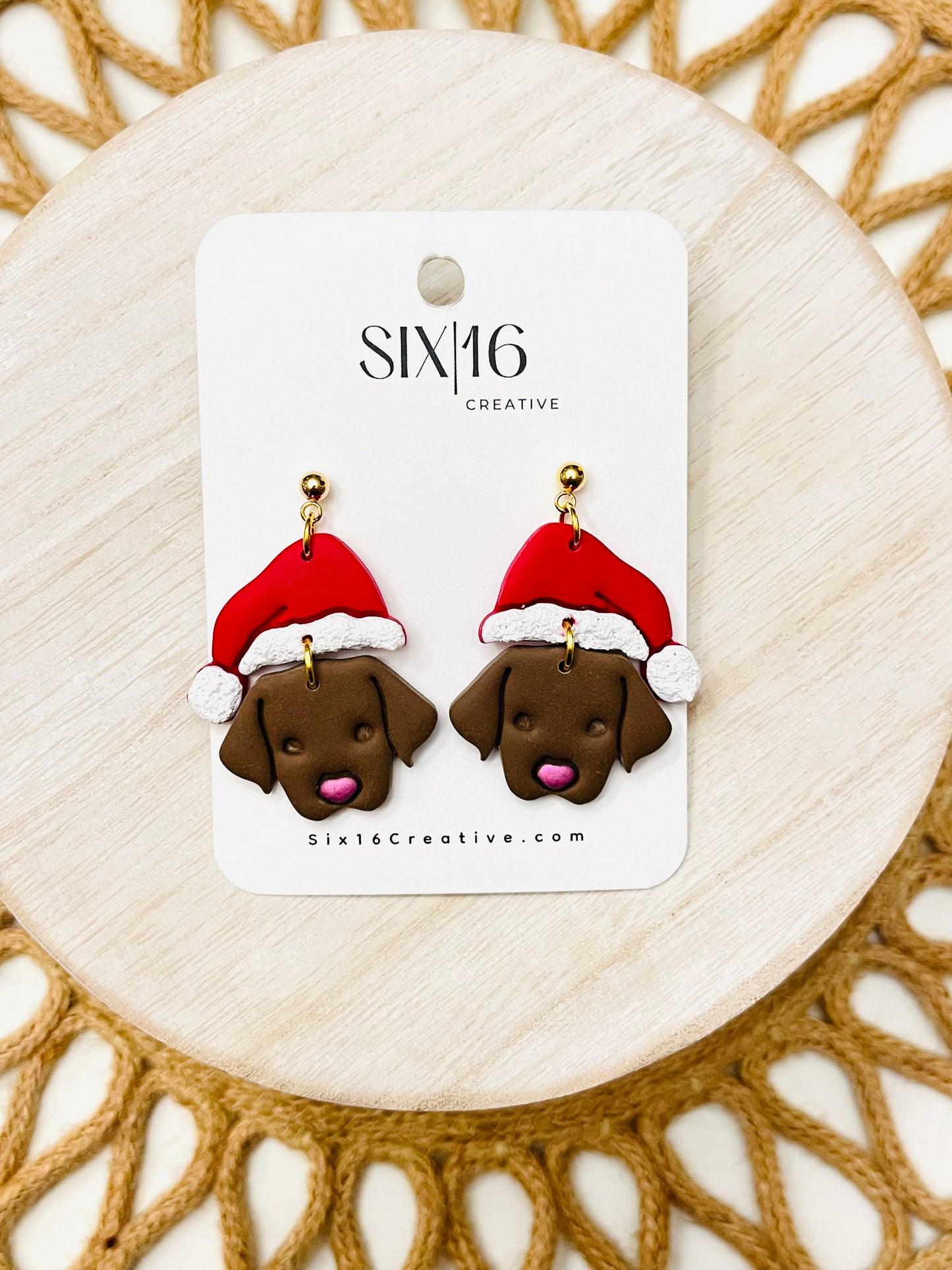 Dark Brown Dog Santa Polymer Clay Earrings