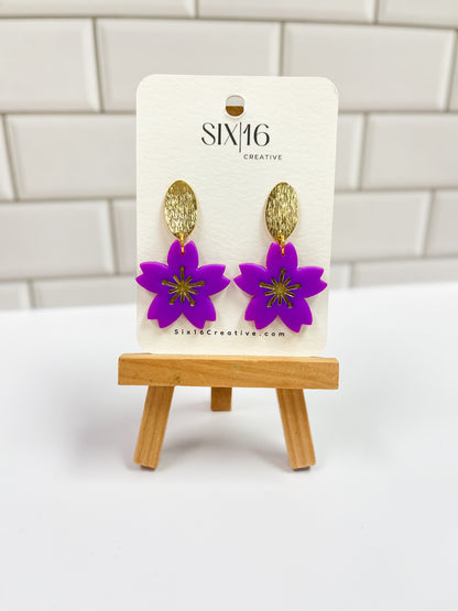 Bright Purple Flower Clay Earrings