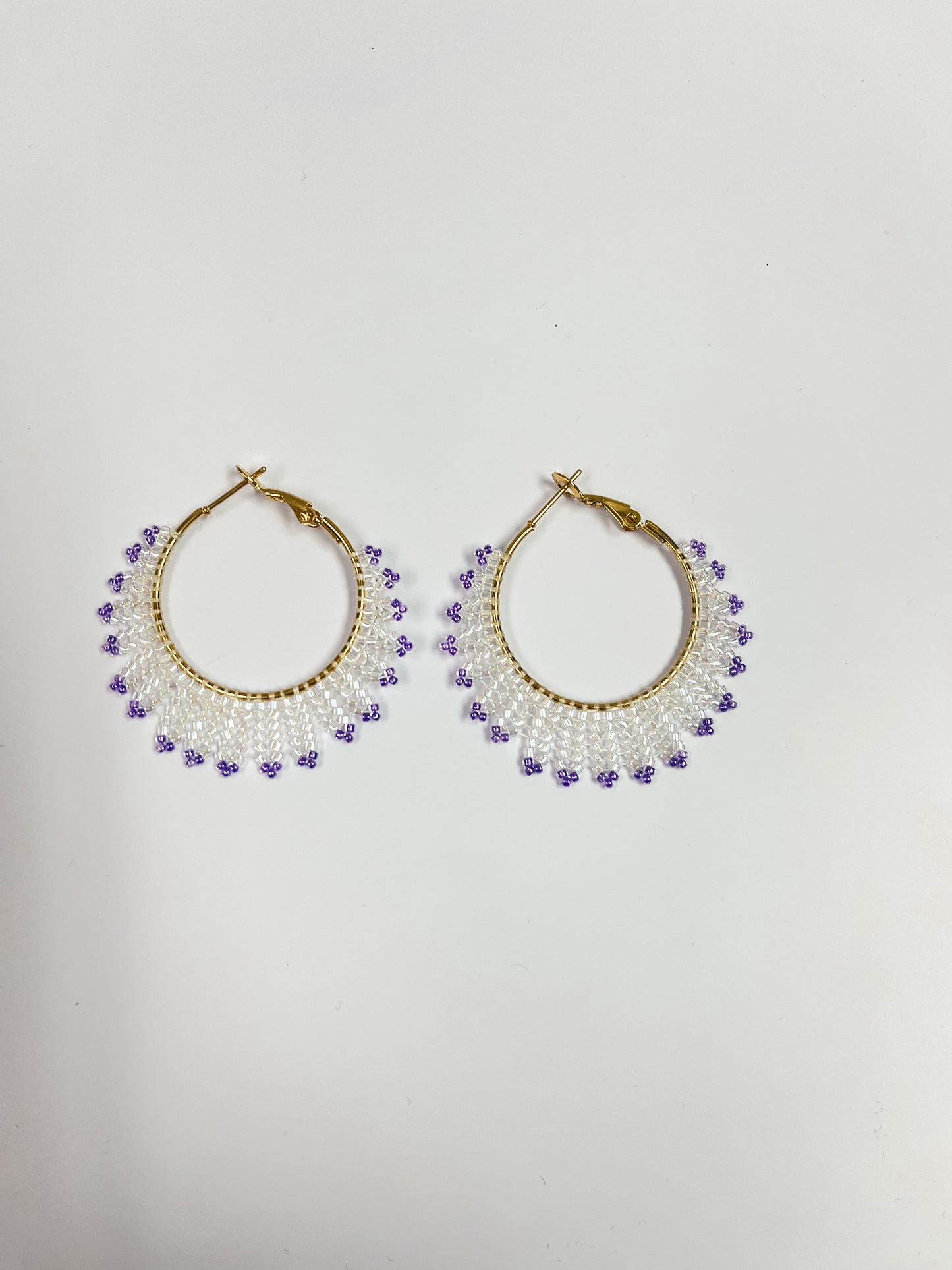 Iridescent Clear and Purple Beaded Hoop Earrings