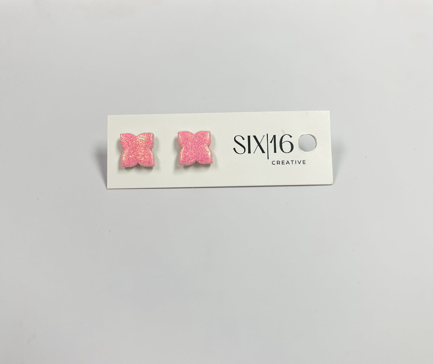 Pink Glitter Flower Stud Clay Earrings