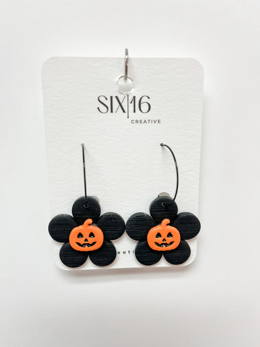 Black flower with Pumpkin Clay Earrings
