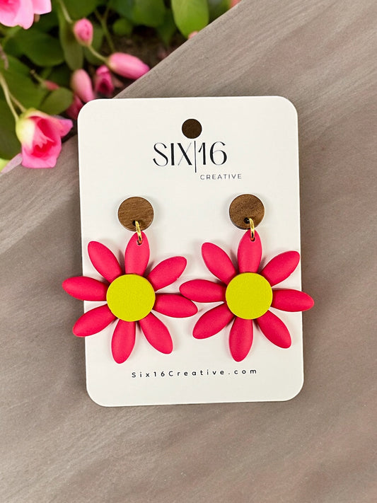 Hot Pink Flower Clay Earrings