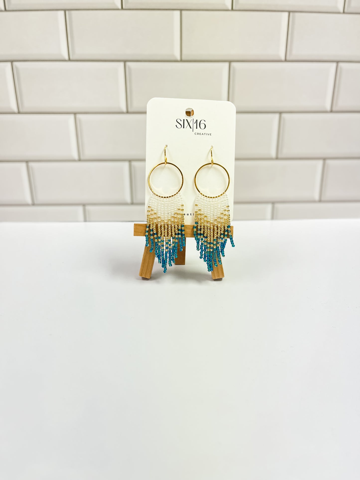 Teal, Gold and Clear Fringe Beaded Earrings