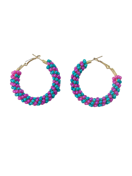 Pink and Teal Beaded Hoop Earrings