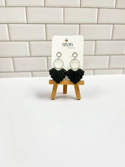 Black Fan Clay Earrings with Silver Accents