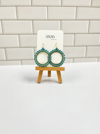 Teal and Gold Beaded Circle Earrings