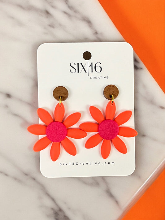 Neon Orange Flower Clay Earrings