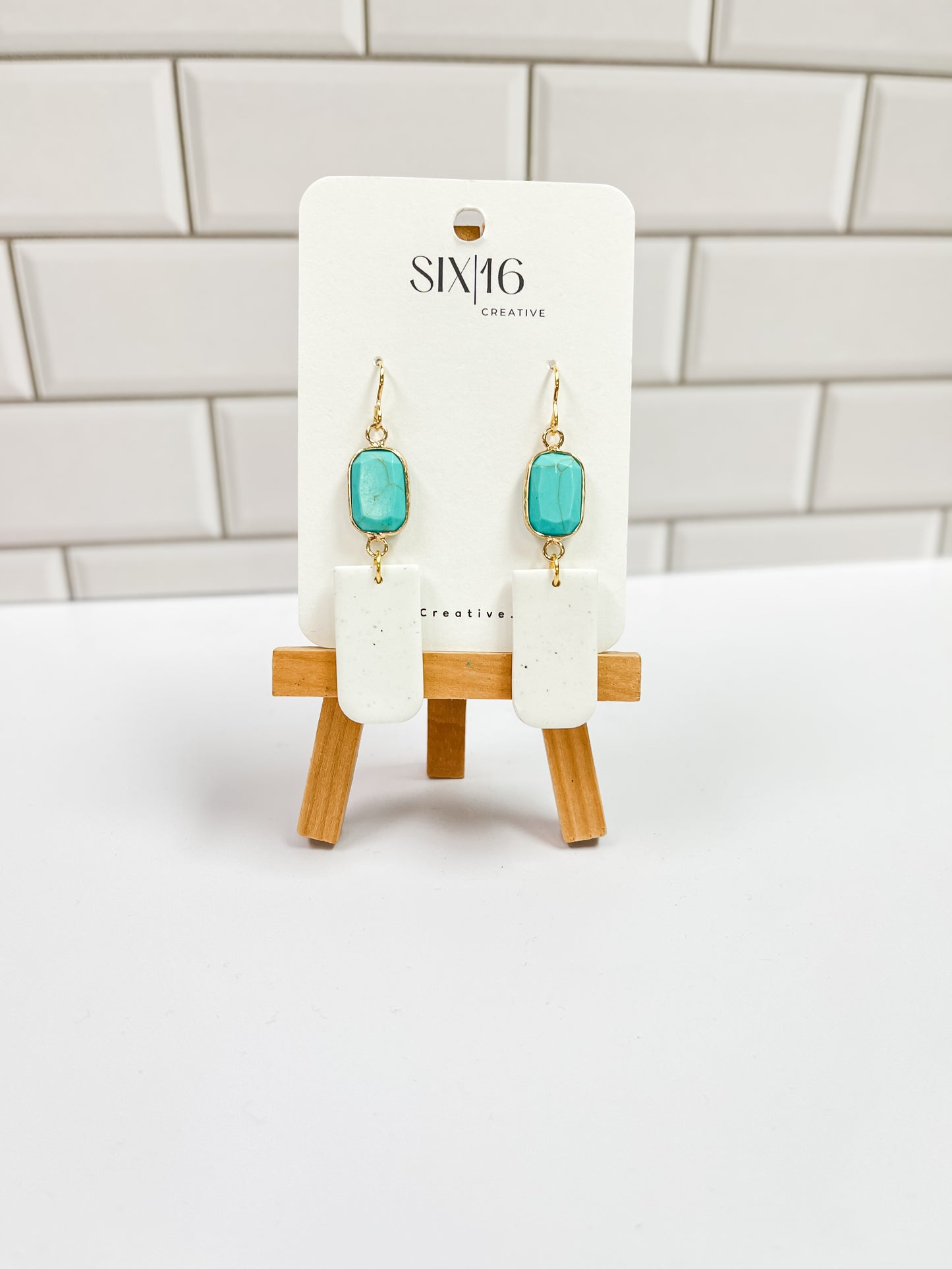 White Polymer Clay Earrings with Turquoise Charm