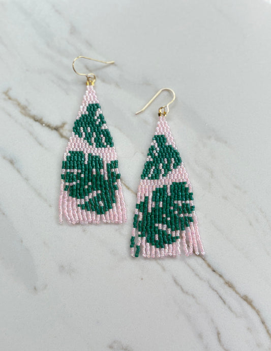 Monstera Fringe Beaded Earrings
