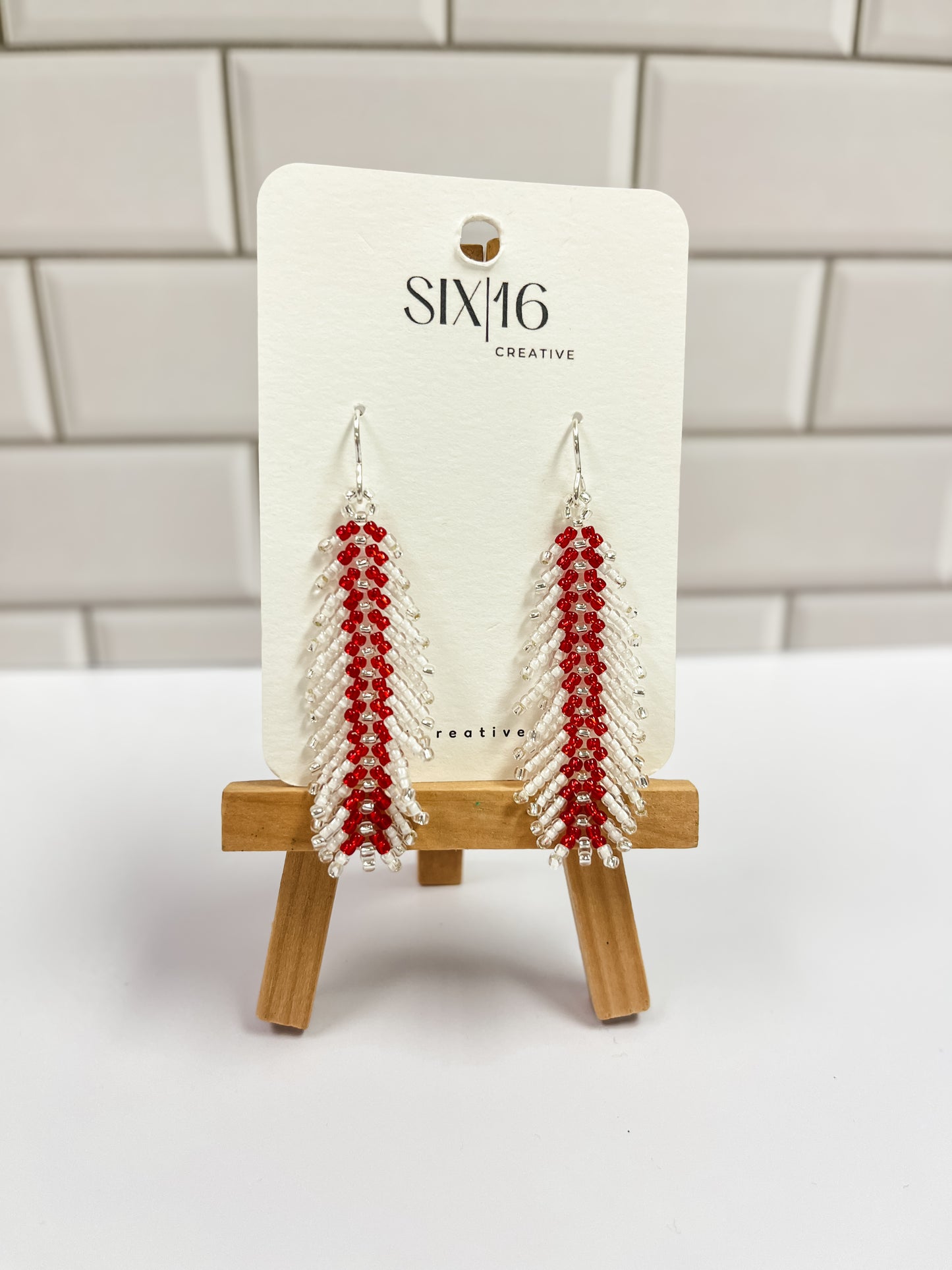 Red and White Feather Beaded Earrings