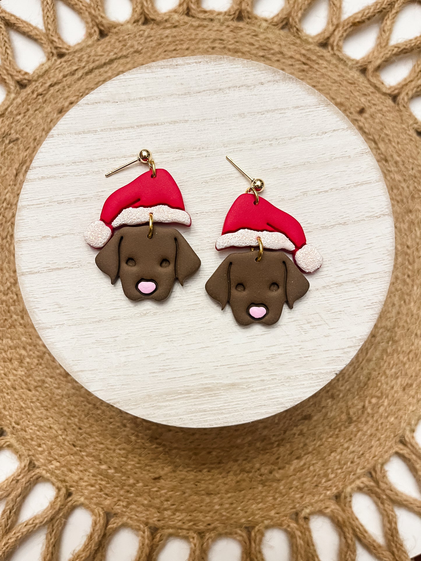 Dark Brown Dog Santa Polymer Clay Earrings