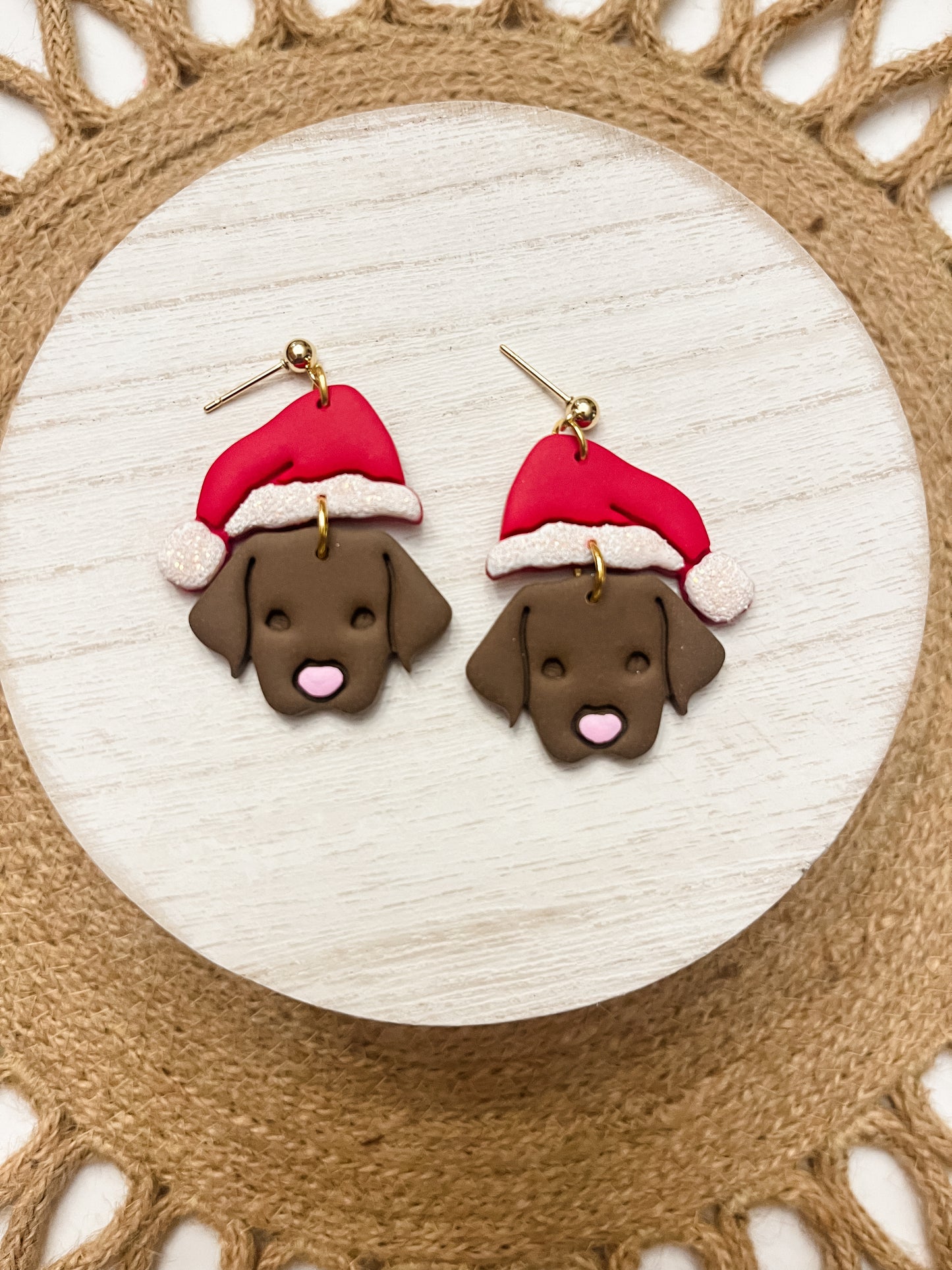 Dark Brown Dog Santa Polymer Clay Earrings