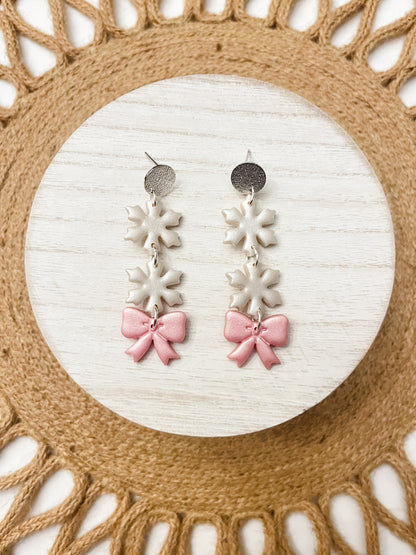 Pink Bow and Snowflake Polymer Clay Earrings