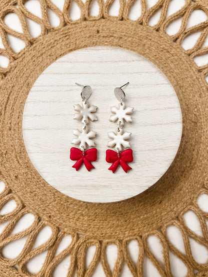 Red Bow and Snowflake Polymer Clay Earrings