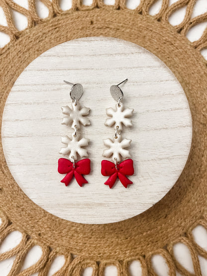 Red Bow and Snowflake Polymer Clay Earrings