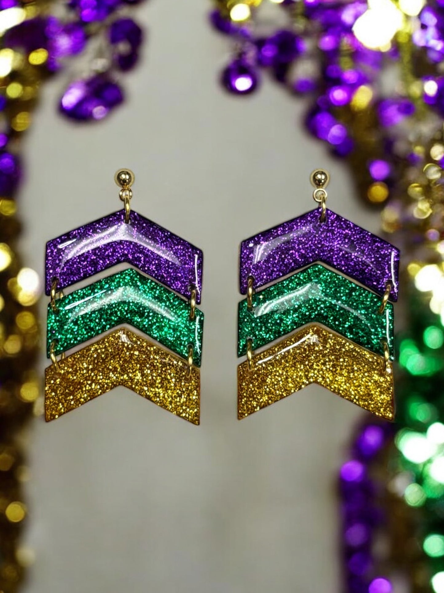 Mardi Gras Glitter Arrow Clay Earrings